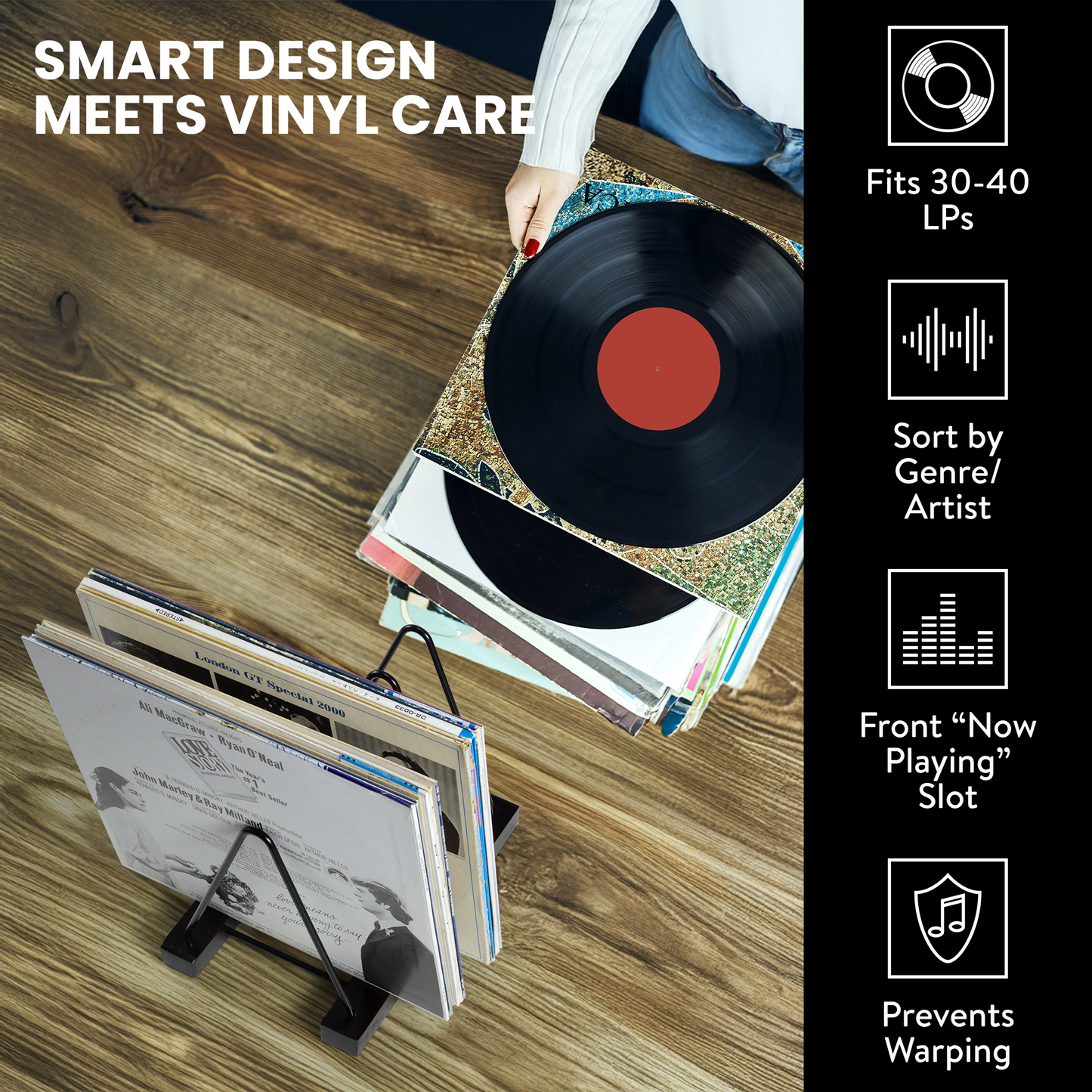 Acacia Wood Record Storage - LP Holder with Scratch-Resistant Base