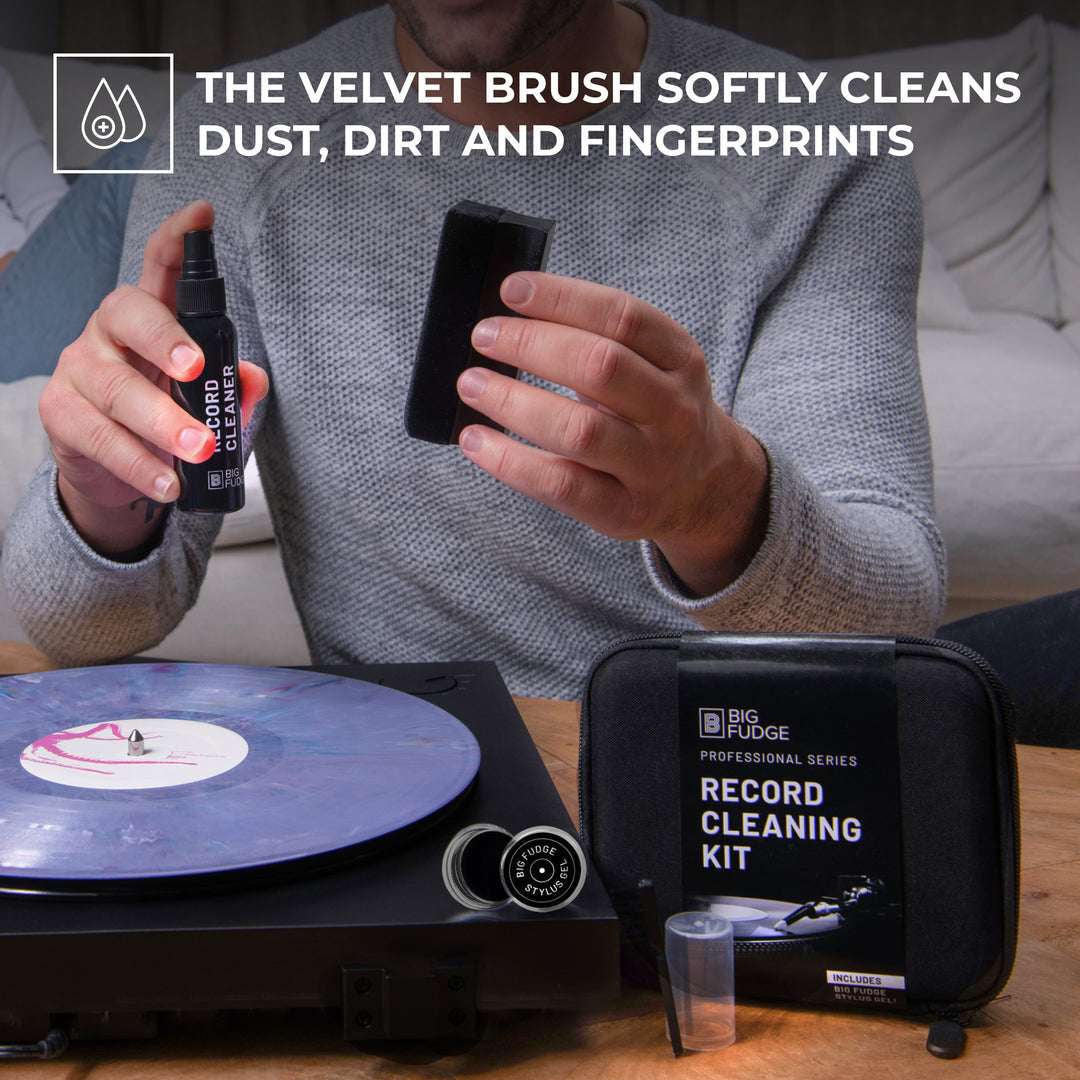  Big Fudge Vinyl Record Cleaning Kit - Complete 4-in-1 -  Includes Ultra-Soft Velvet Record Brush, XL Cleaning Liquid, Stylus Brush  and Storage Pouch! Will NOT Scratch Your Records : Electronics